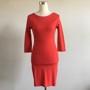 Red Orange 3/4 Sleeve Fitted Sexy Bodycon Stretch Cotton Mini Dress Small